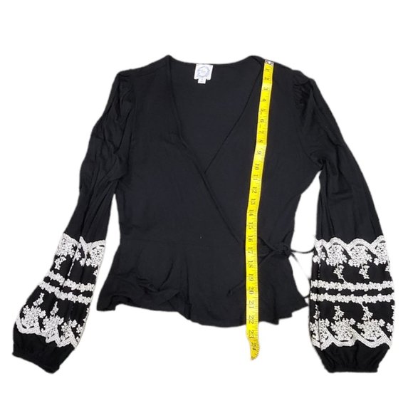 ❤️2/$18 Blue Rain Black Tie Front Warp up Cardigan Cover-Up Top S - Picture 8 of 9